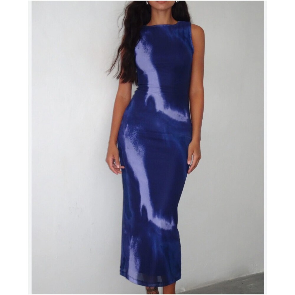 Motel Fayola Dress Womens XXS Blue Watercolour Mesh High Neck Bodycon Long